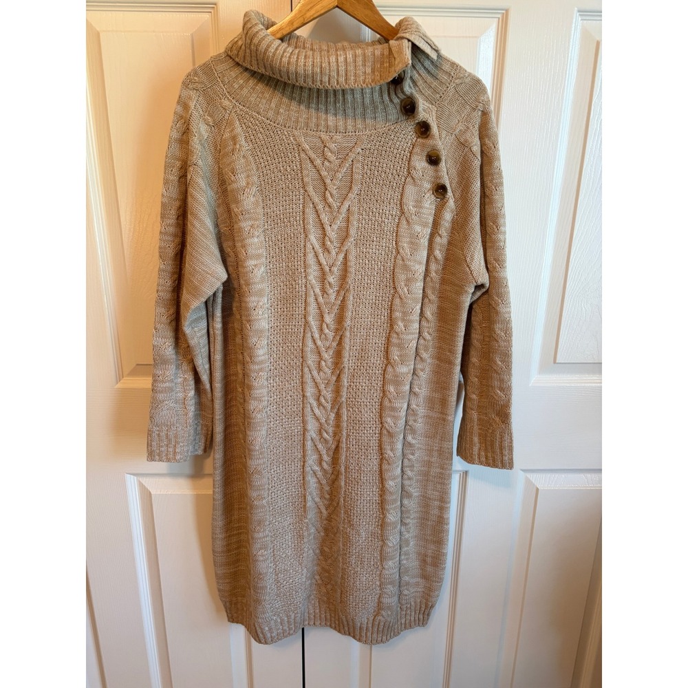 Sabrina Lauren New York Tan Cable Knit Button Cowl Neck Sweater Dress 2X